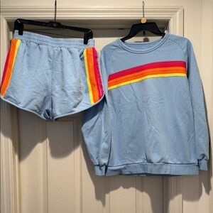 Fun Colorful Blue Bold Athletic sweatshirt matching shorts Rainbow Stripes Large